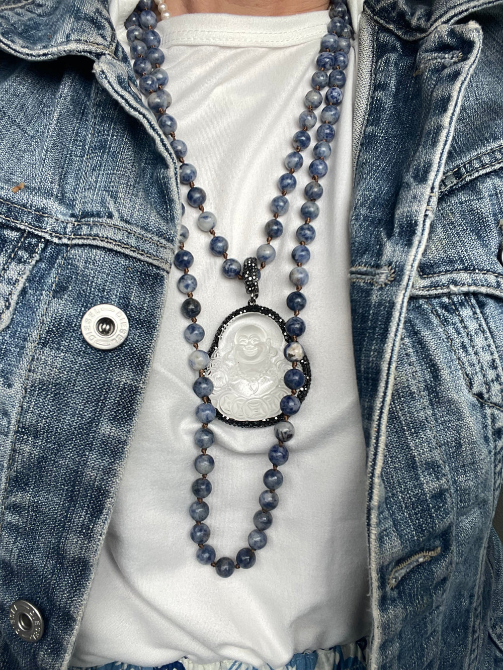 Buddha, Long, Long Necklace, Necklace Default Title Necklace Mannaz Designs Sodalite Hand-Knotted Buddha Necklace with Crystal Pave Clasp 