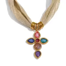 Isis Cross Mesh Necklace – Statement Gold & Gemstones