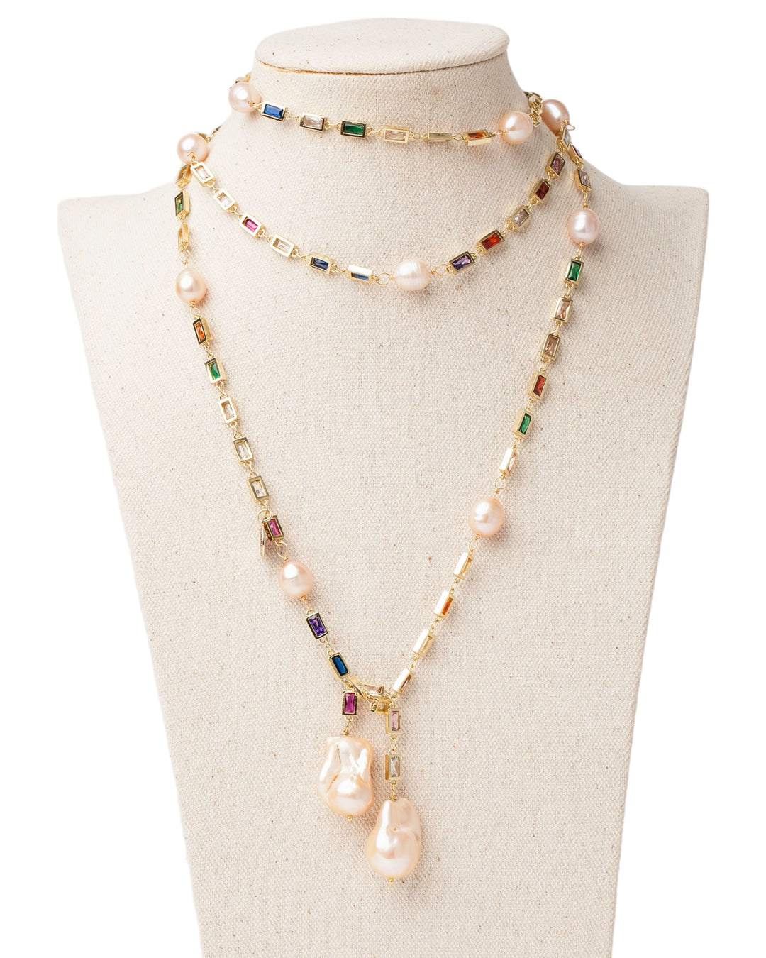 Lariat  Pearls and  Rainbow Baguette Necklace