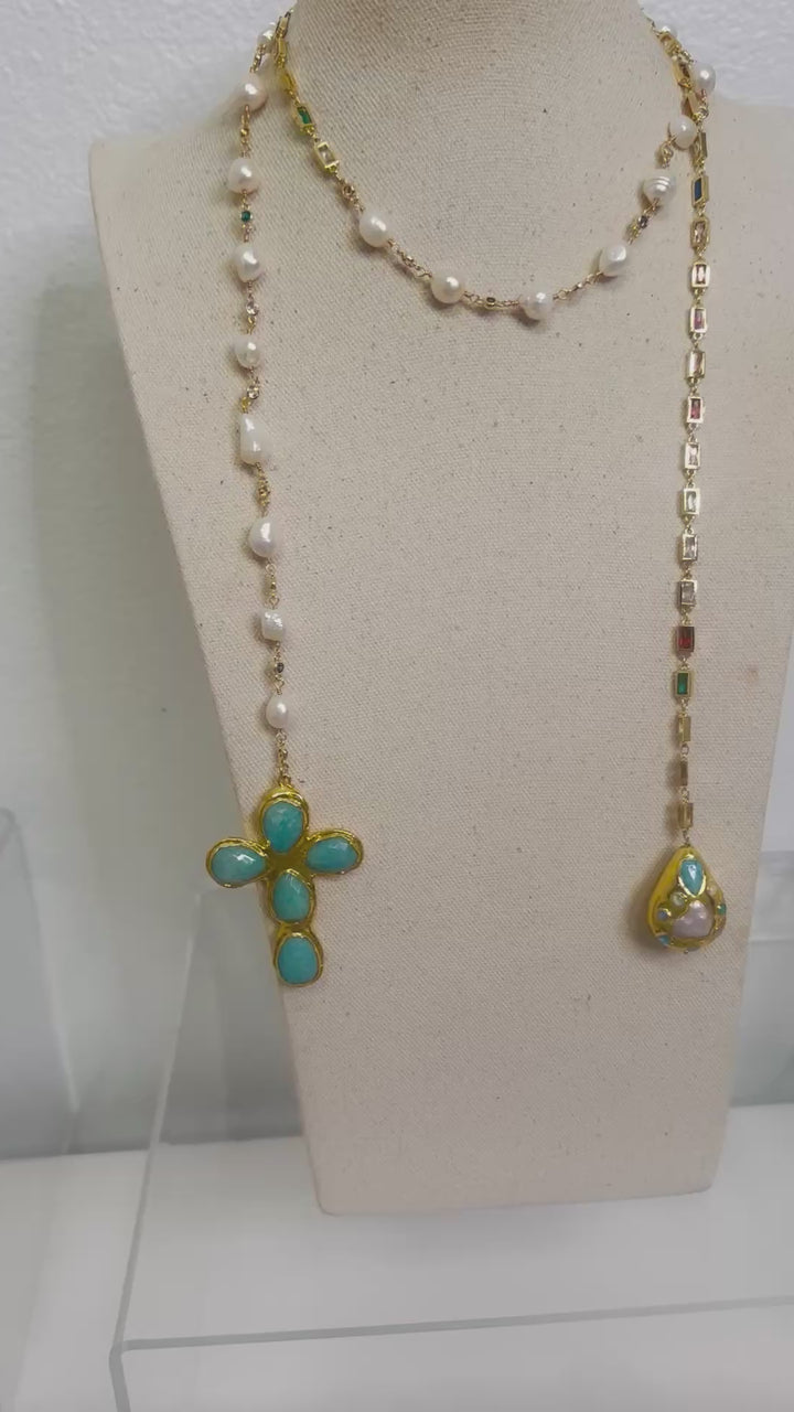 Grace Pearl Lariat Cross Necklace