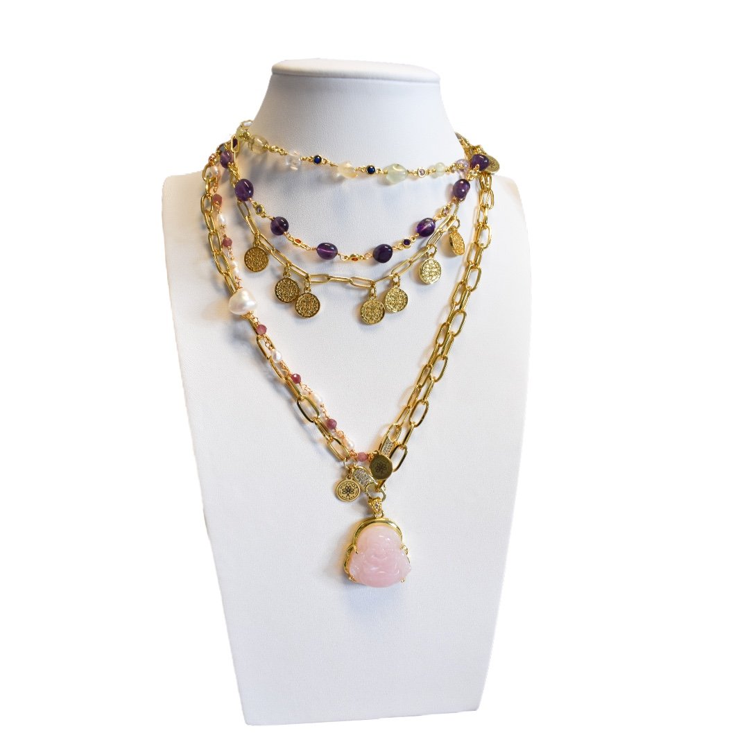 Summer 2021 Red Necklace Mannaz Designs Happy Buddha in Aghata 