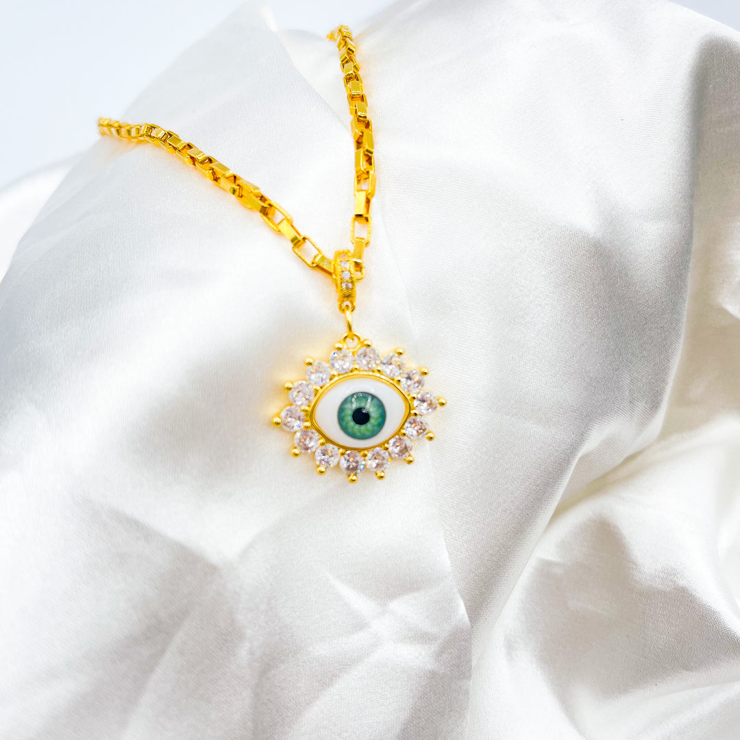 Green Glass Evil Eye Necklace